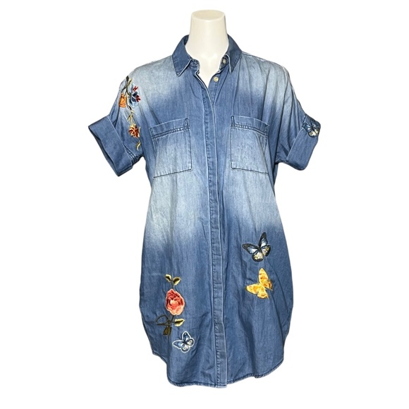 DRIFTWOOD Size Large Butterfly Floral Embroidered Chambray Mabel Shirt Dress - Picture 1 of 12